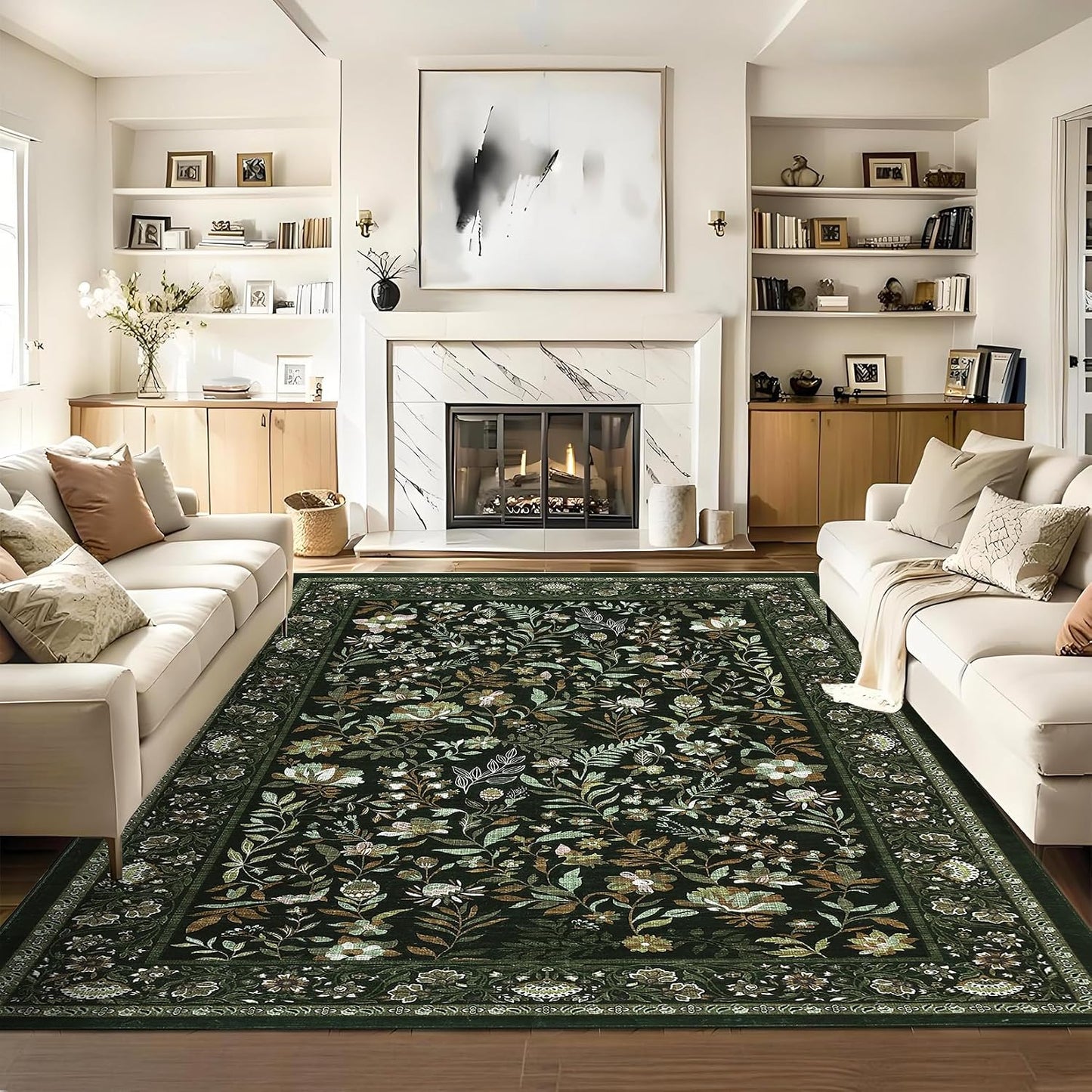Alfombra floral verde musgo 5x7ft antiderrap interior