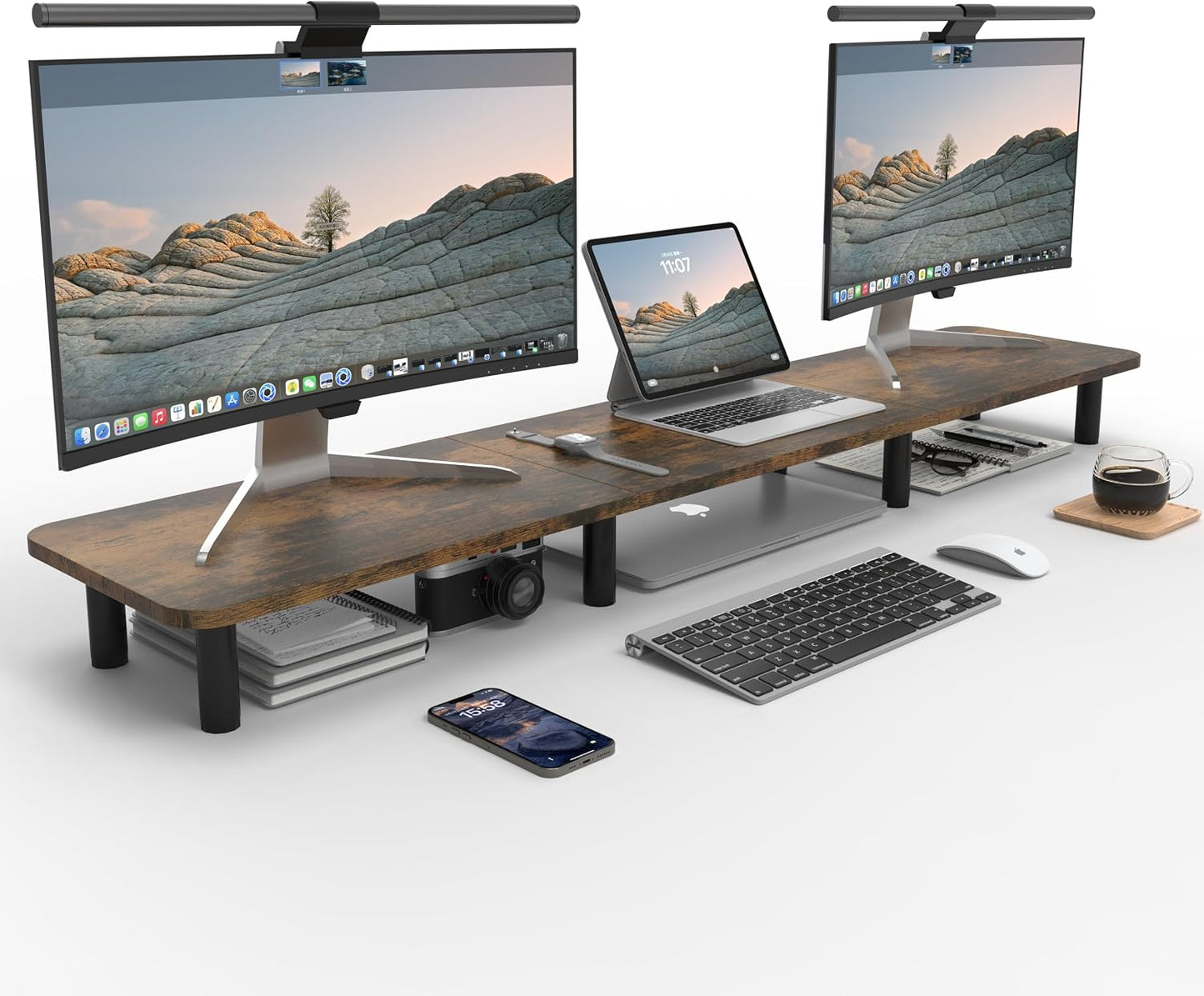 Soporte dual monitor 43.7pulg patas madera y acero