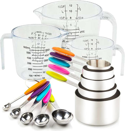 Set 13 pzas tazas y cucharas medidoras acero inox y plástico