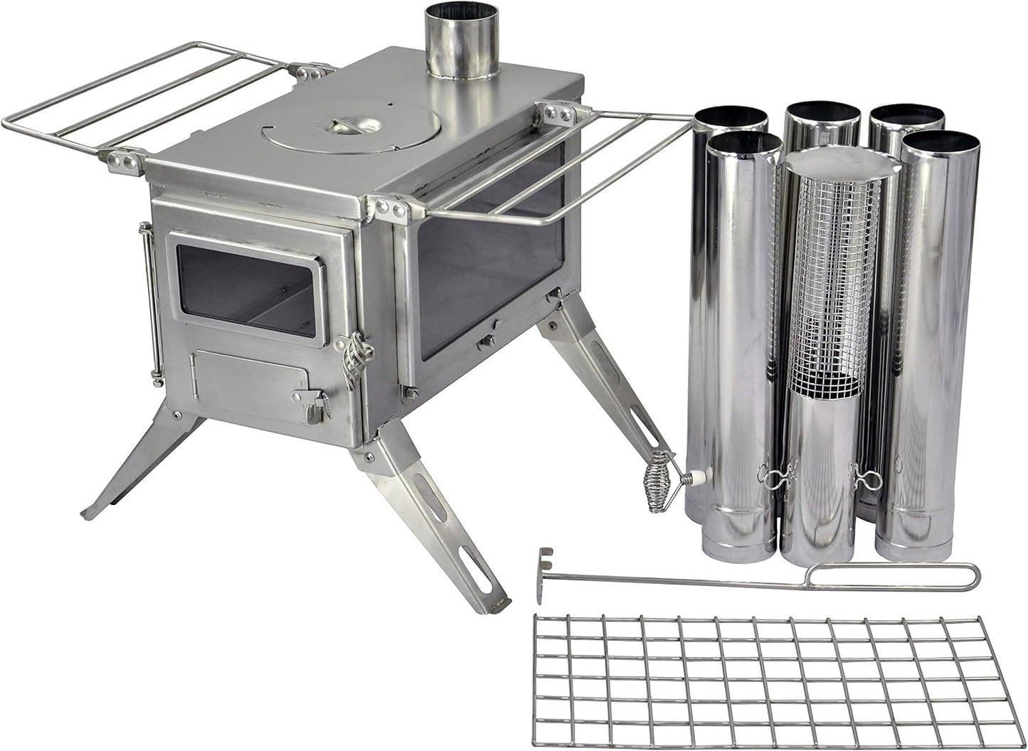 Estufa leña portátil acero inox ventanas vidrio patas