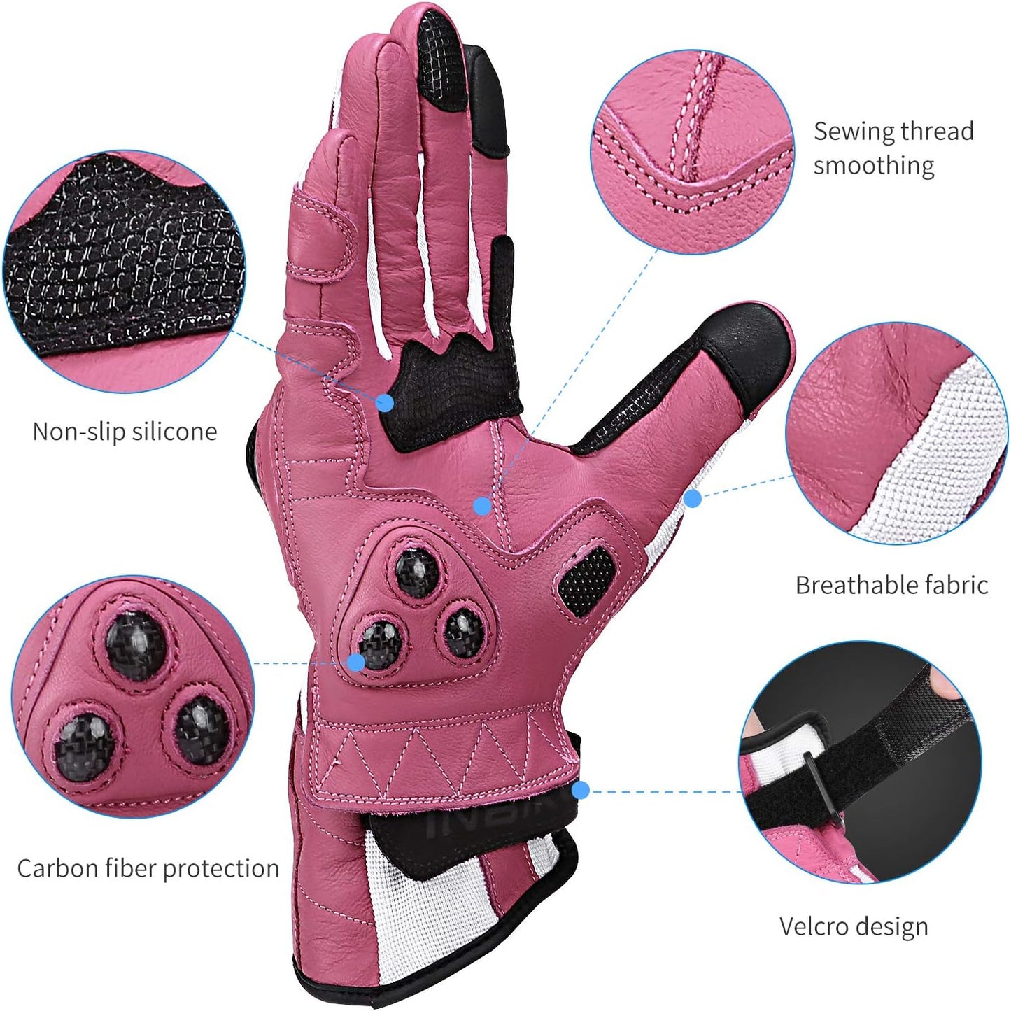 Guantes moto cuero fibra carbono pantalla táctil mujer rosa