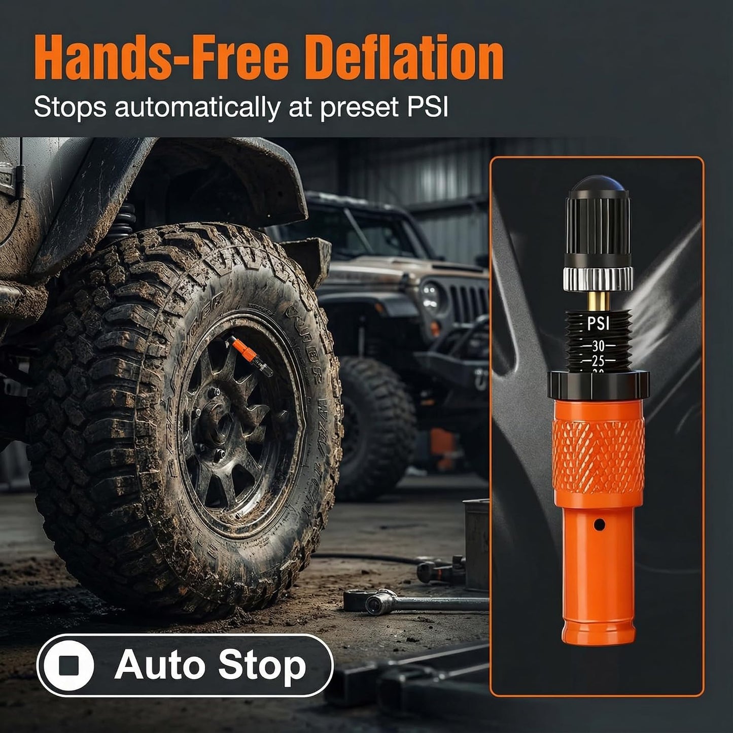 Kit válvula desinfladora neumáticos 10-30 PSI 4uds naranja