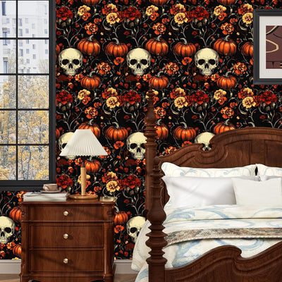 Papel tapiz calaveras naranjas vintage para pasillo y gabinete