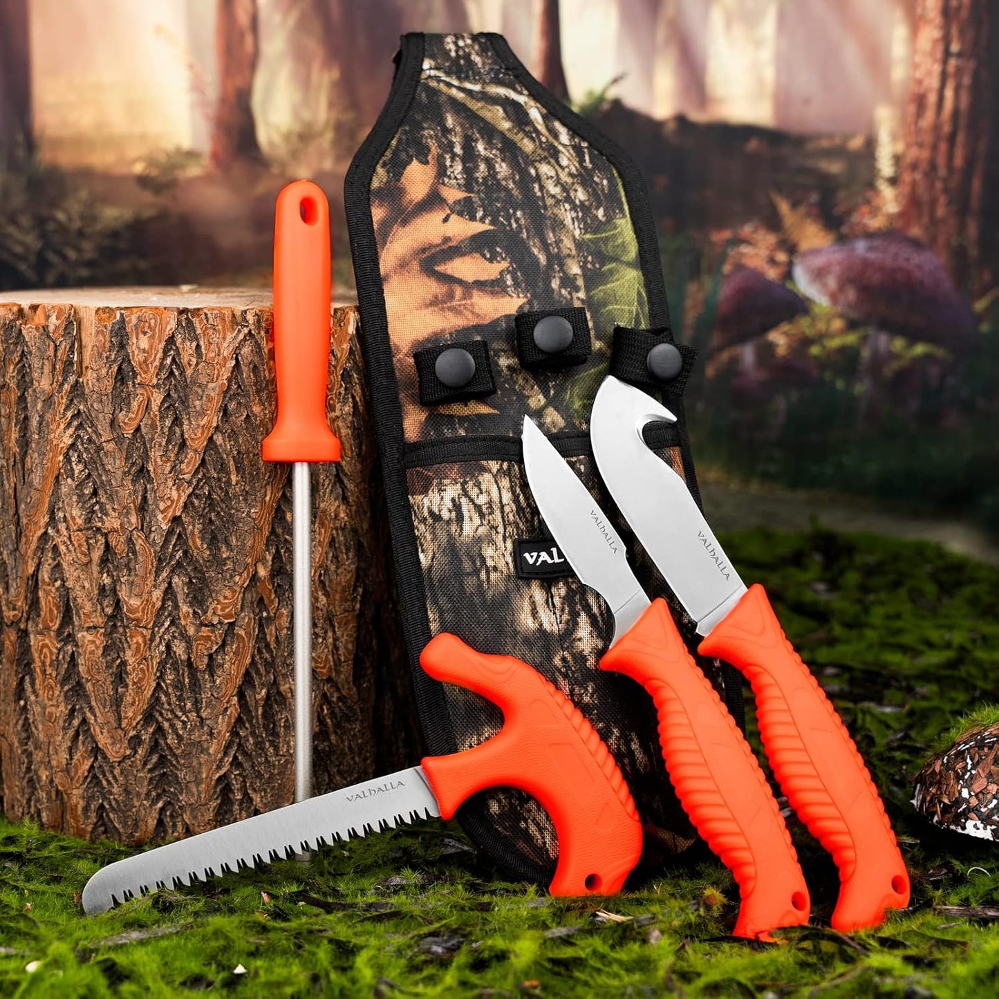 Set 4 cuchillos caza con sierra hueso afilador y funda