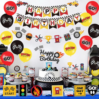 Decoración cumpleaños coche carrera pancarta globos juegos