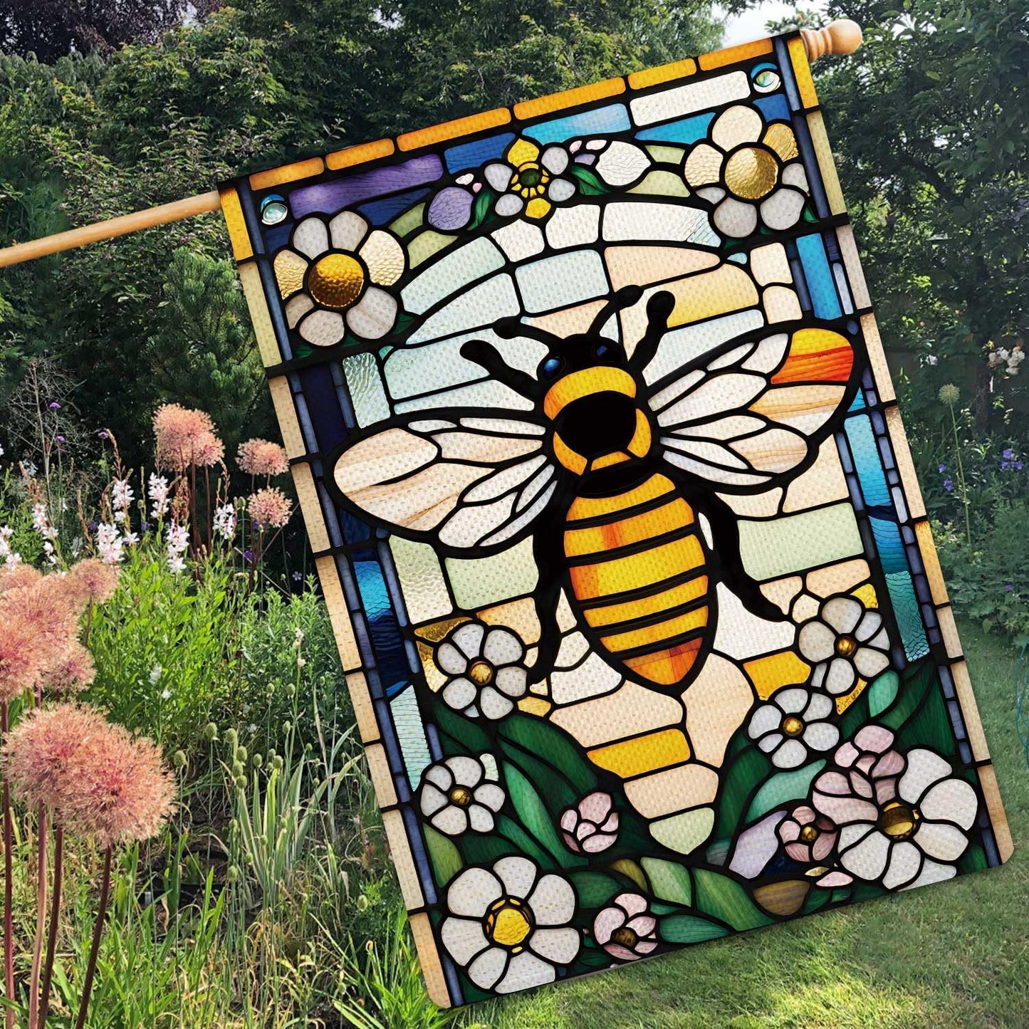 Bandera jardín abejas felices estilo cristal 28x40