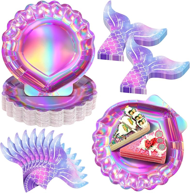 100 Platos Sirena y Servilletas Rosa Iridiscente Fiesta Océano
