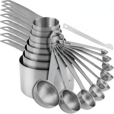 Set 18 Tazas y Cucharas Acero Inox 18/8 para Cocina y Hornear