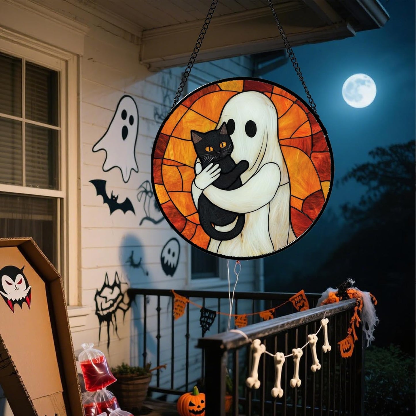 Colgante vidrieras Halloween gato negro atrapasoles