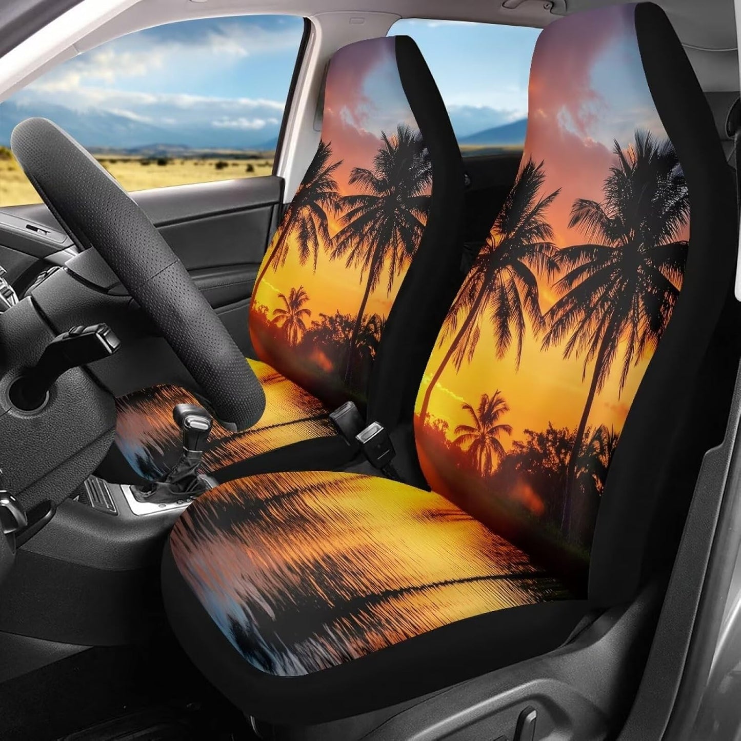 Funda asiento coche diseño palmeras cielo dorado universal