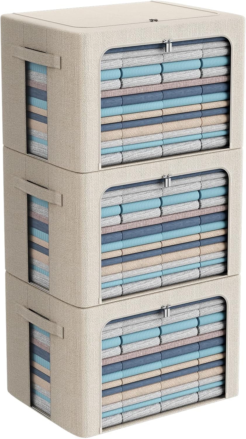 3 Pzas Contenedores Plegables Tela Lino con Ventana