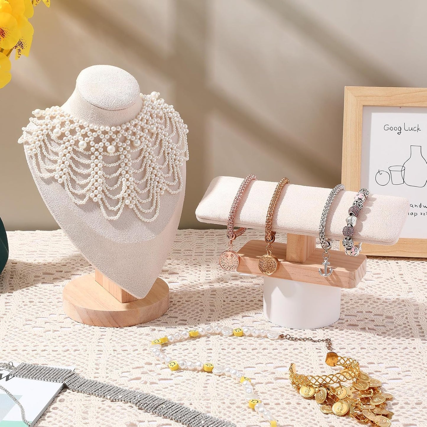 2 Pzas Soporte Joyas Terciopelo Barra T Collares Beige
