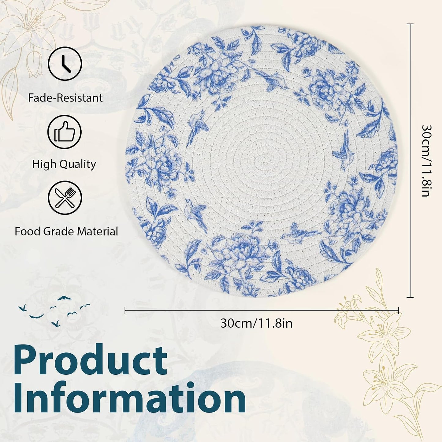 6 Manteles Chinoiserie 12pulg Azul Blanco Antideslizantes