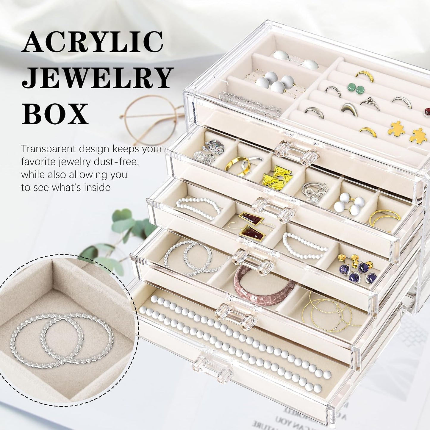 Organiz. joyas acrílico 5 cajones terciopelo para mujer
