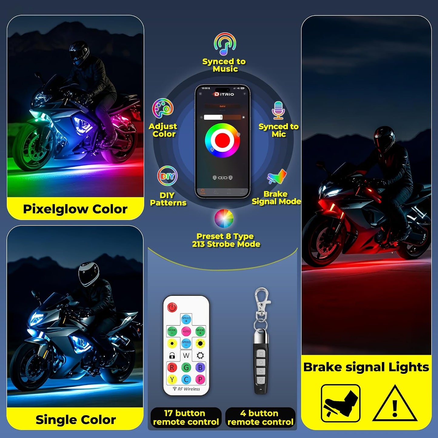 8 Luces LED Motocicleta con Giro Freno Control APP RGB 12V