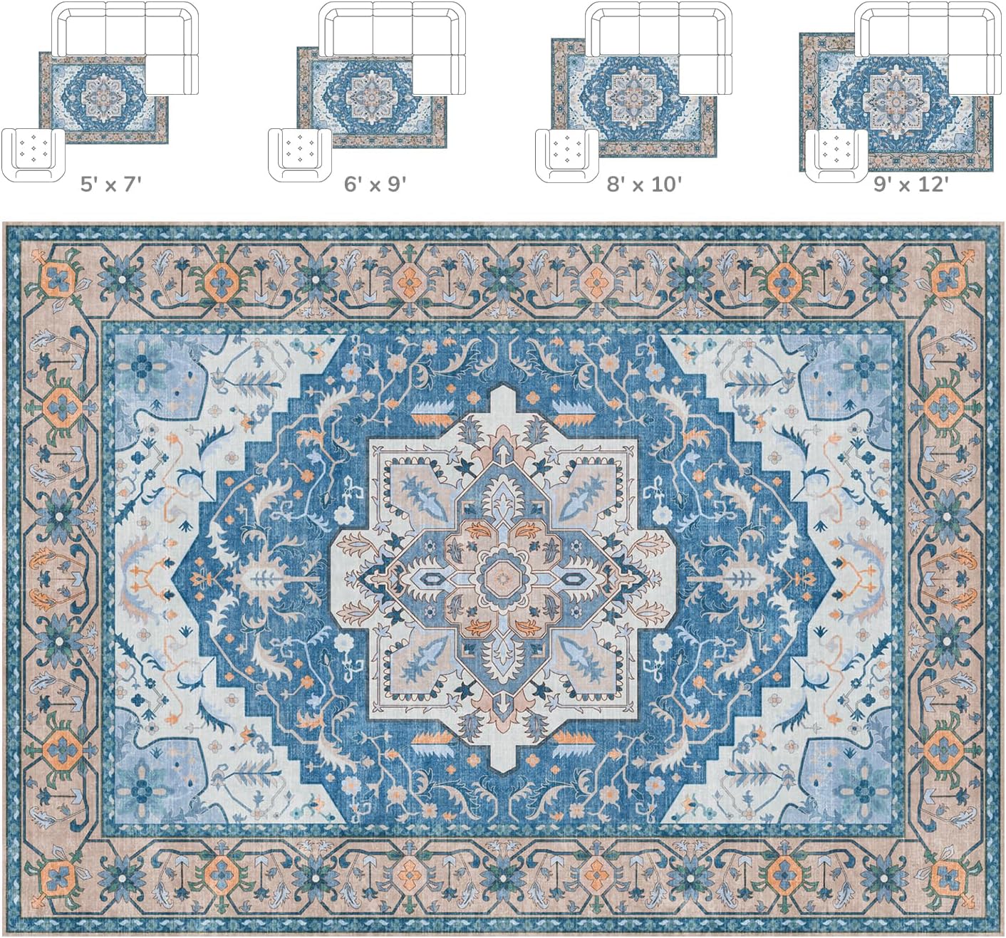 Tapete bohemio pelo corto antiderrap 5x7ft azul marrón