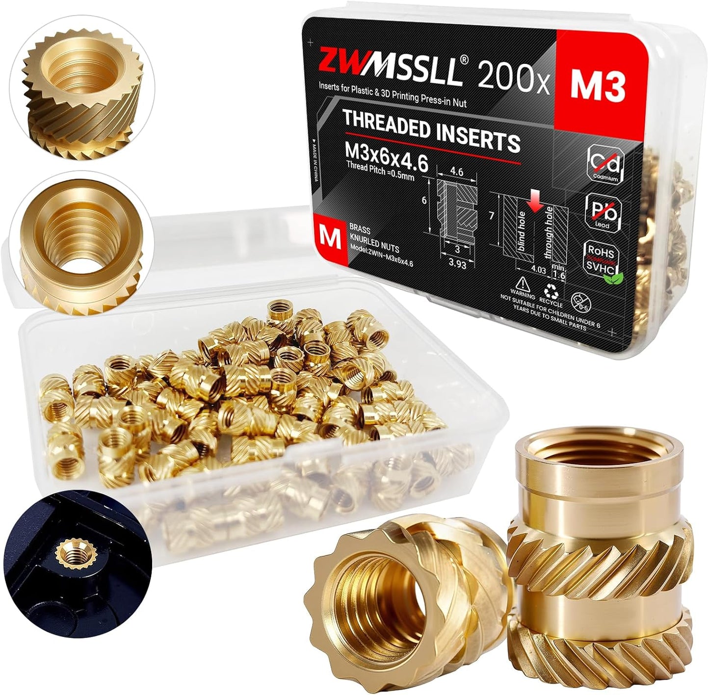 Insertos roscados M3x6x4.6 de latón para impresión 3D