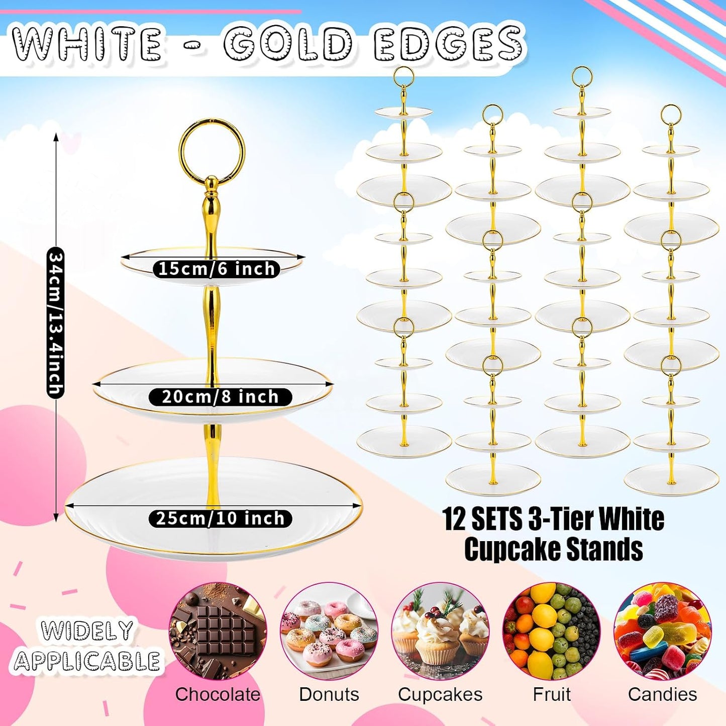 Set 12 soportes cupcakes 3 niveles plástico dorado