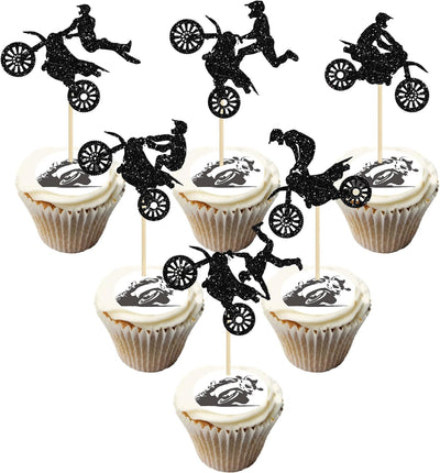 24 Pzas Adornos Cupcakes Motocicleta Purpurina Negra