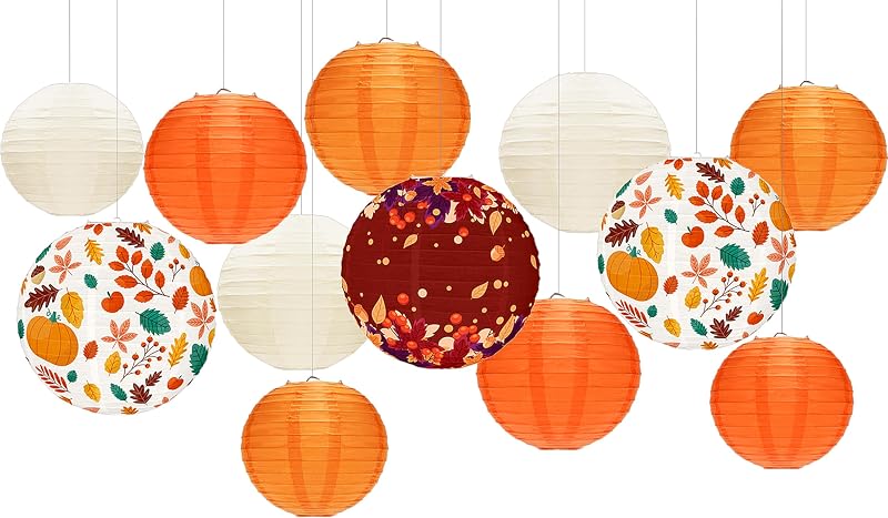 12 Pzas Linternas Papel Otoño Naranja Decoración Fiesta