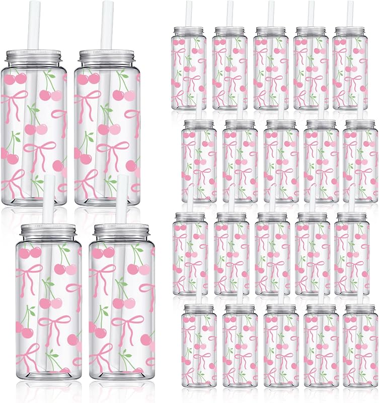20 Vasos Plástico Cereza Lazo Rosa Tapas Pajitas Reutilizables
