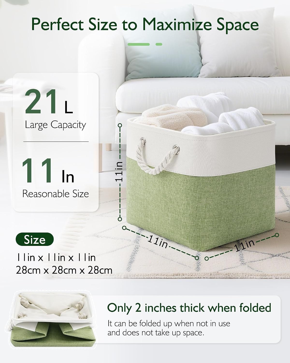 6 Pzas Cubos Tela Asas 11" Organizar Ropa Blanco/Verde