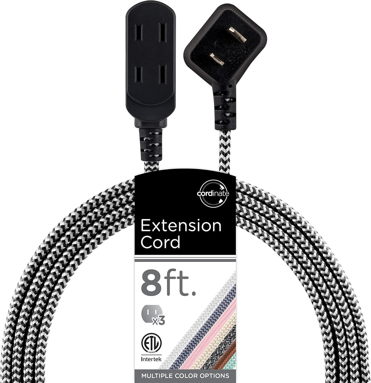 Cable extensión 3 tomas 8ft enchufe plano trenzado tela cheurón