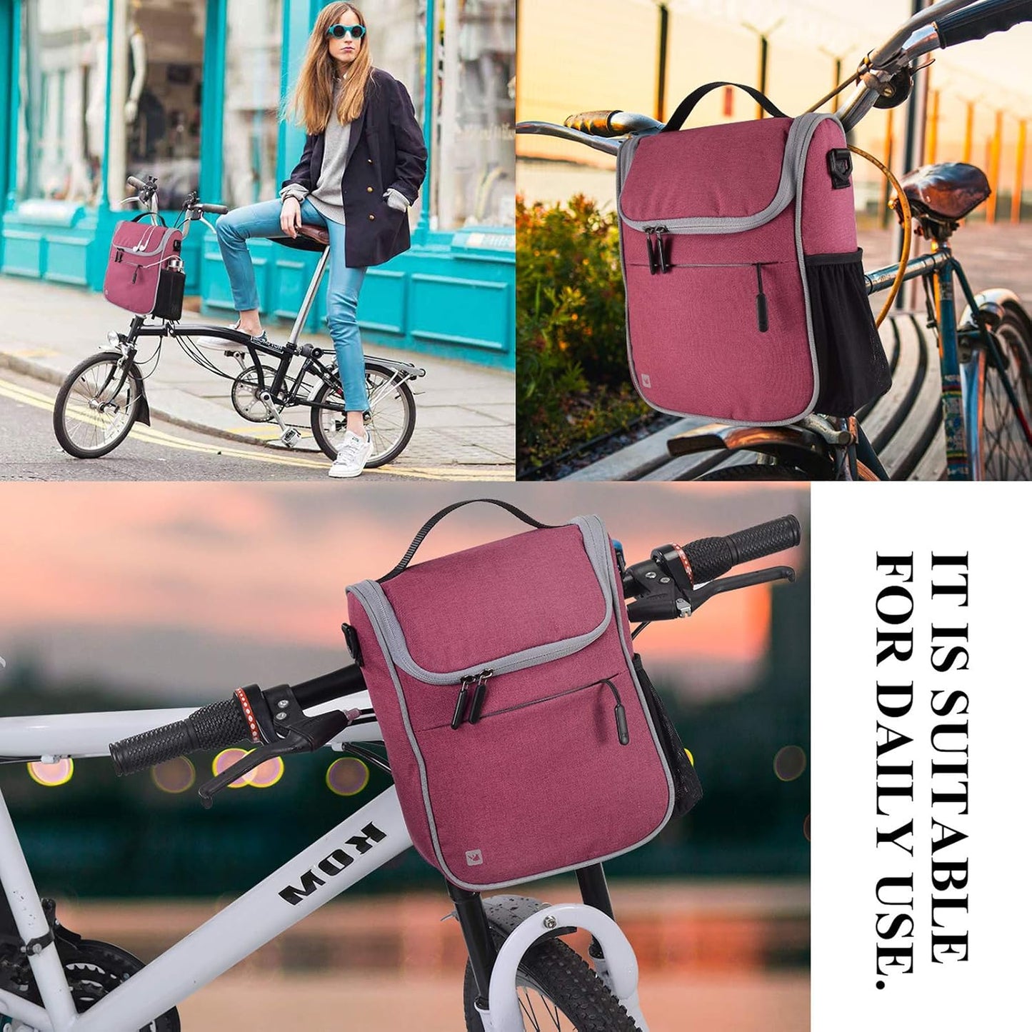Bolsa impermeable manubrio bicicleta cesta hombro lona rosa