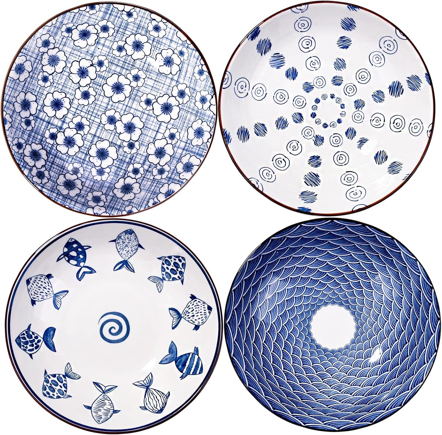 4 Pzas Cuencos Cerámica Azul Blanco 7.8pulg Borde Alto