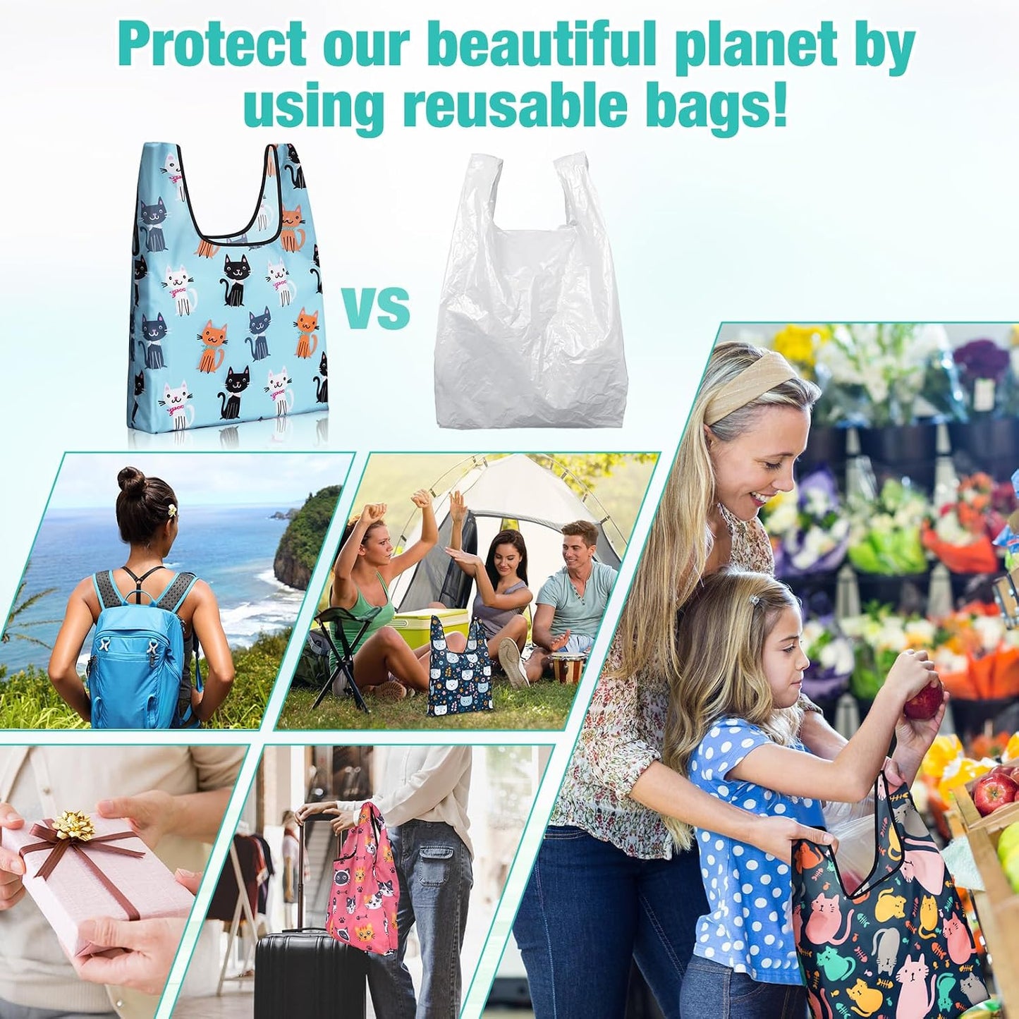 12 bolsas reutilizables plegables para mujer con asas