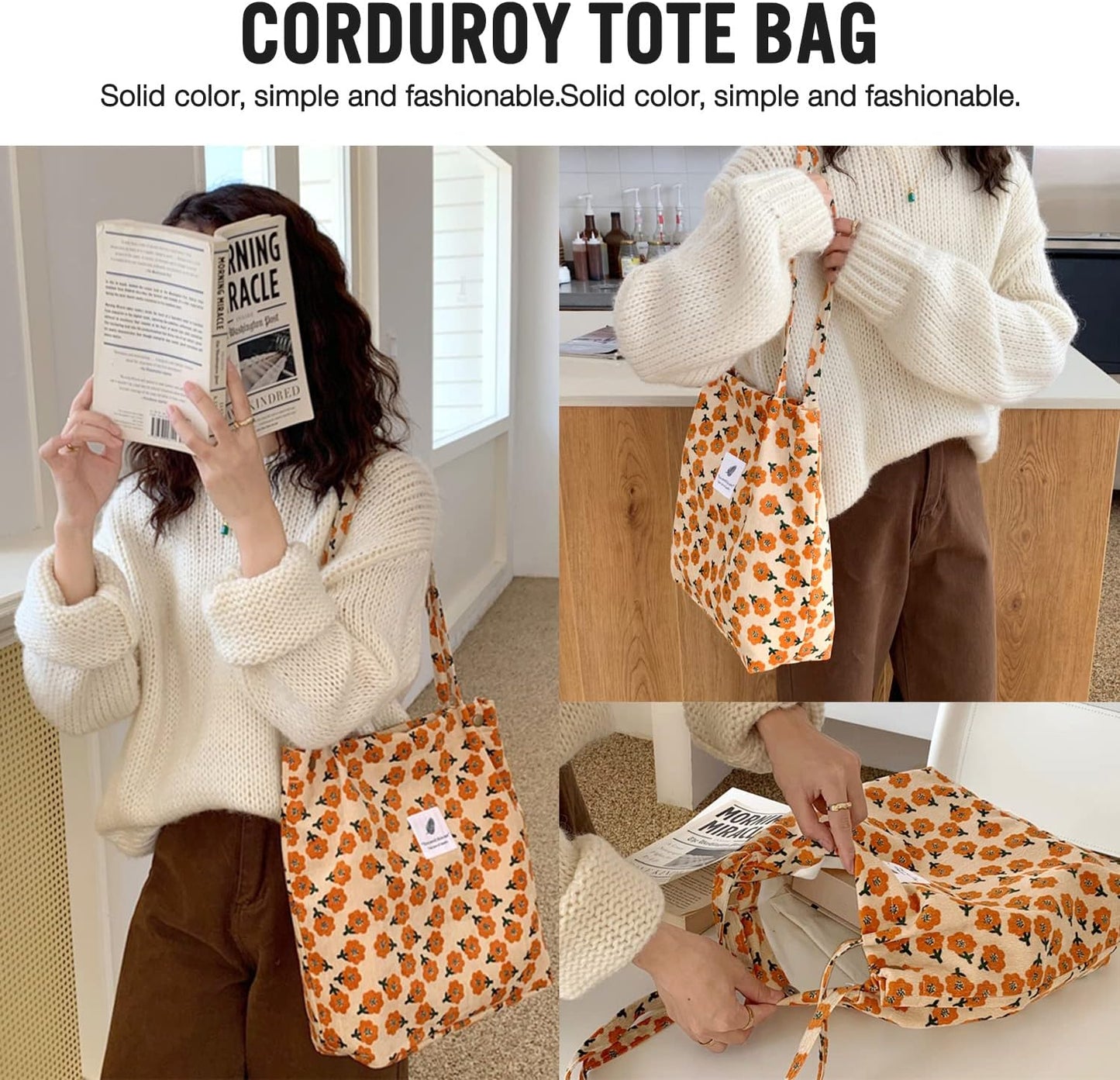 Bolsa de hombro pana con bolsillo interior para mujer