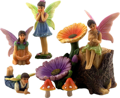 Juego 4 figuras hadas tocón flor hongos 7