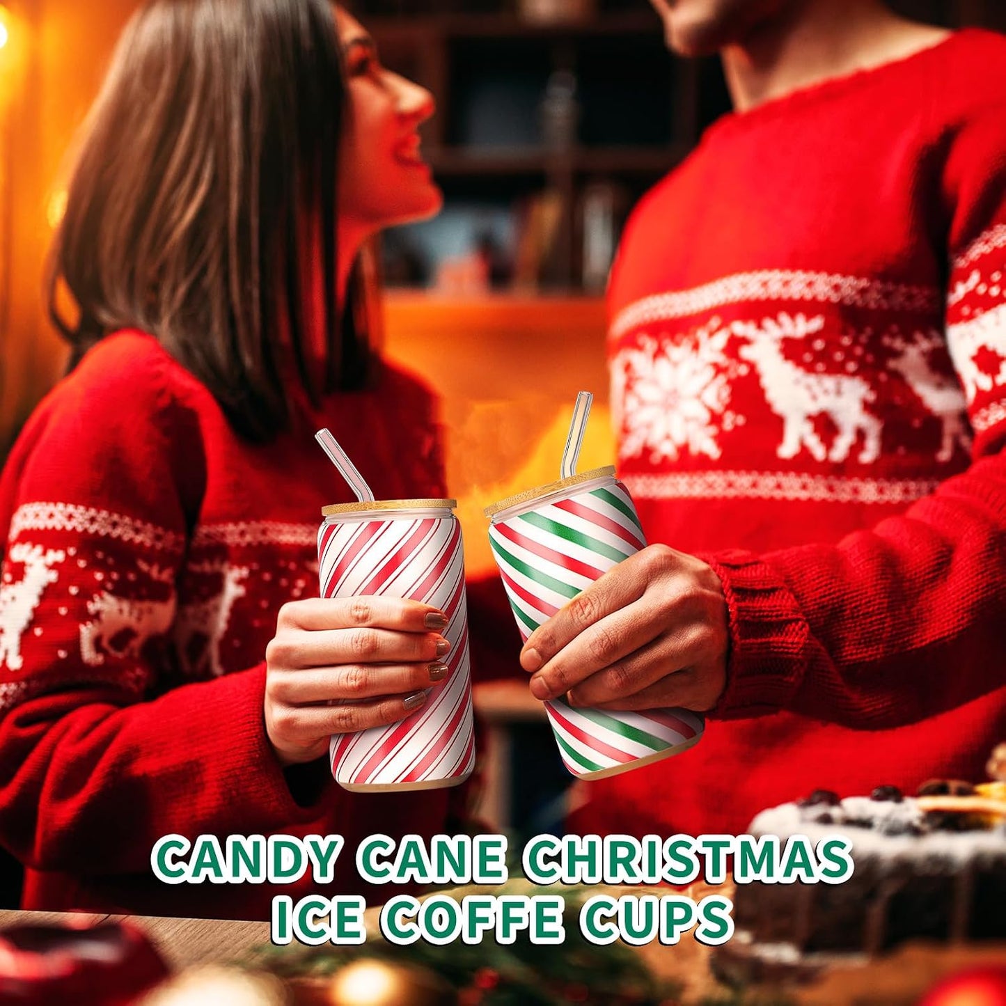 6 Vasos Navidad 16oz con Tapas Bambú para Café Helado