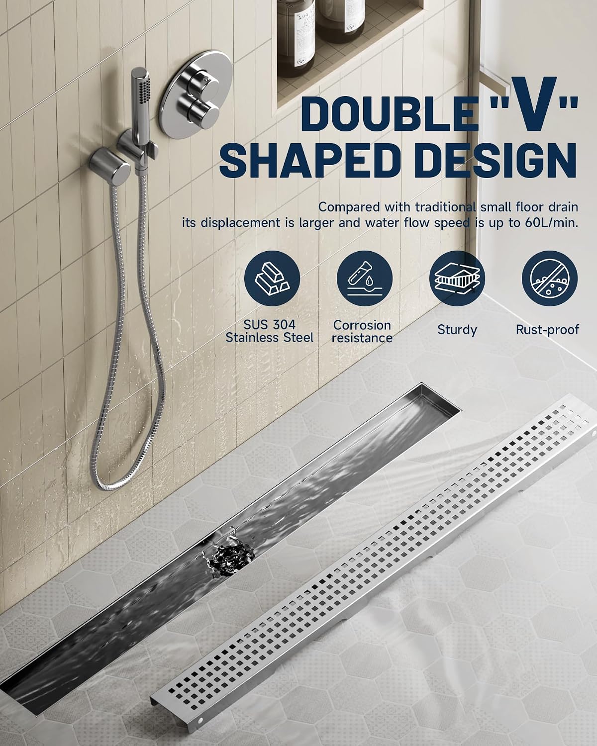Drenaje lineal ducha 28pulg acero inox 304 rejilla extraible