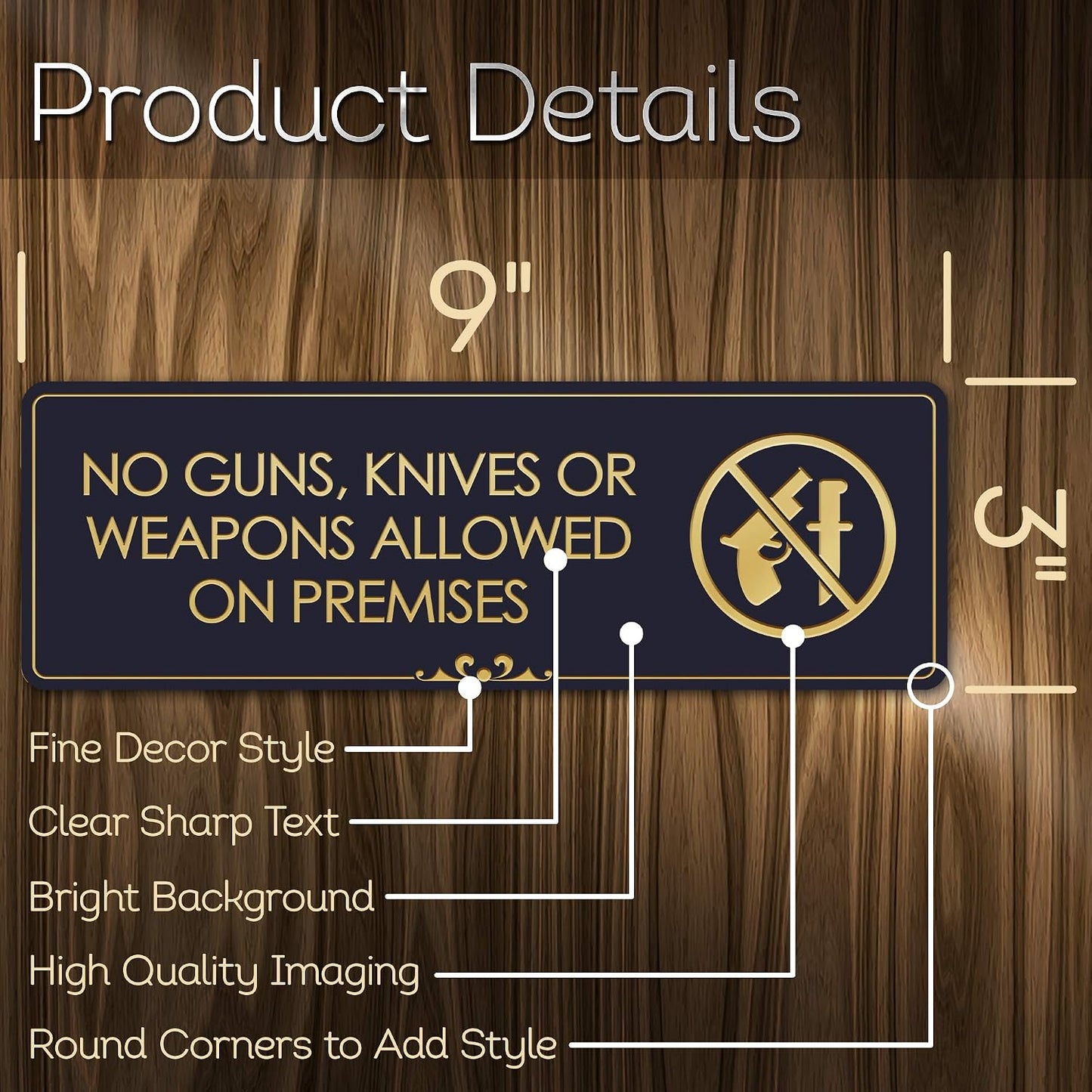 Cartel No Armas en Premio 3x9" Negro/Dorado Resistente
