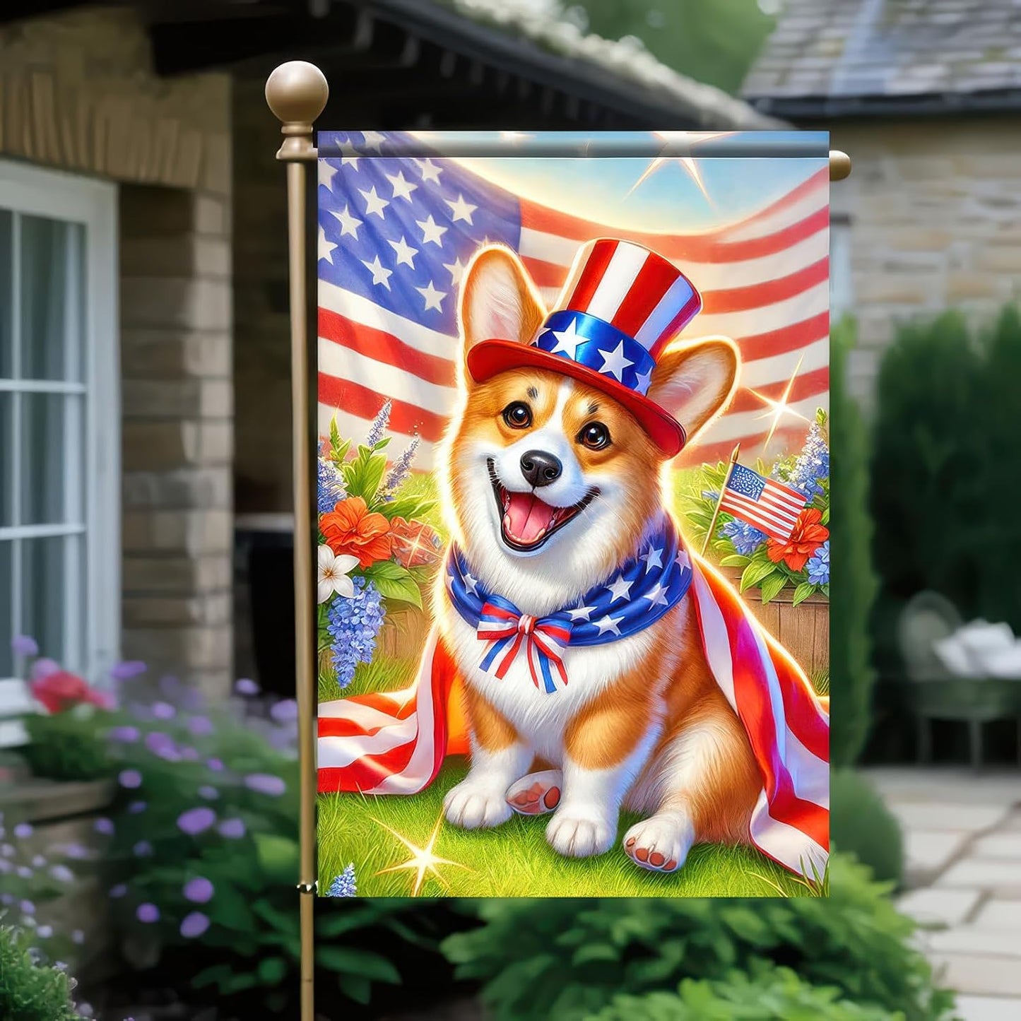 Bandera patriótica perro corgi 12x18pulg doble cara