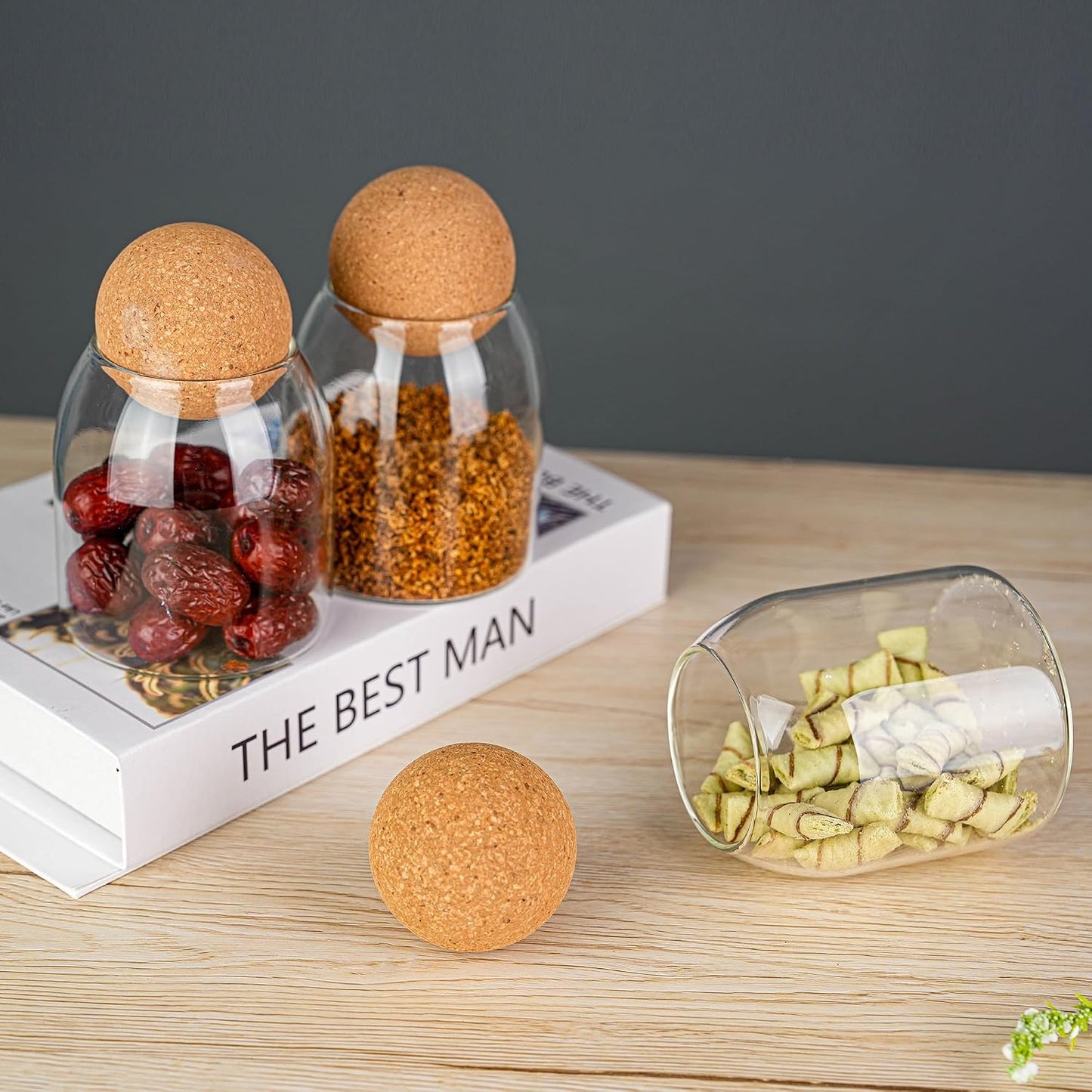 3 Pzas Tarros Vidrio 16oz Tapas Corcho Bola Herméticas