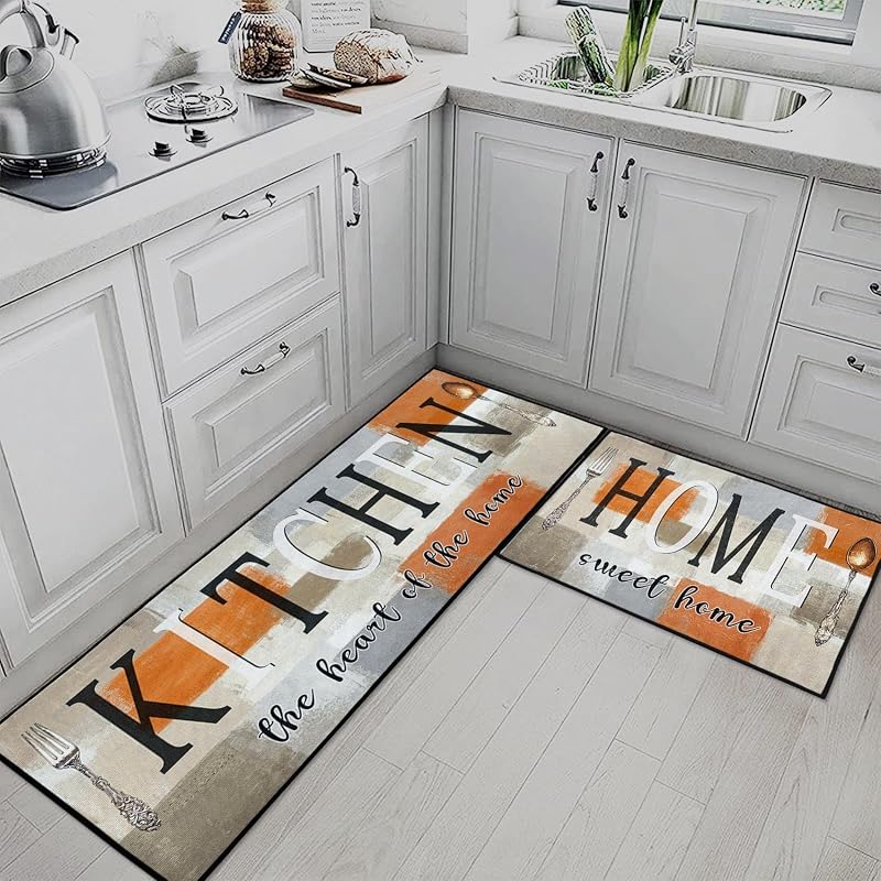 Alfombras cocina naranja beige antideslizantes set 2