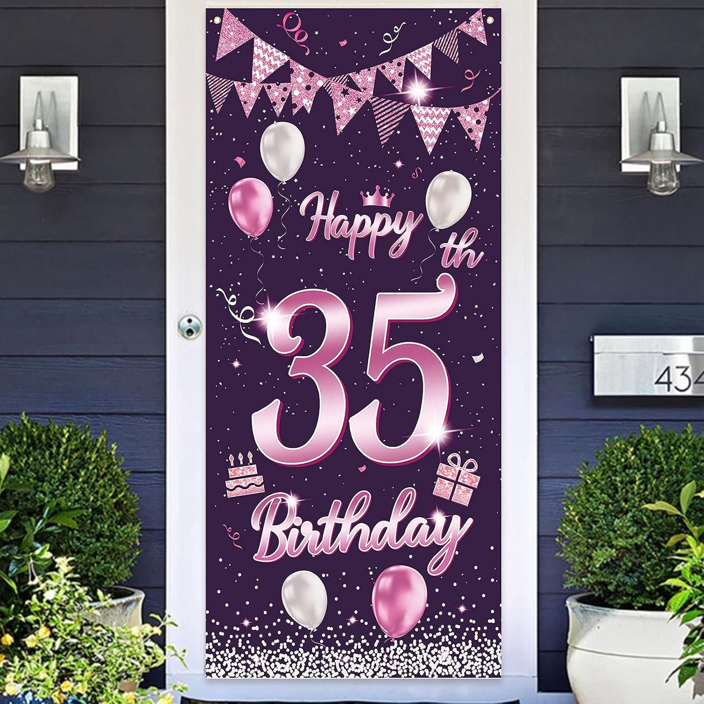 Cartel feliz cumpleaños 35 años globos confeti decoración puerta