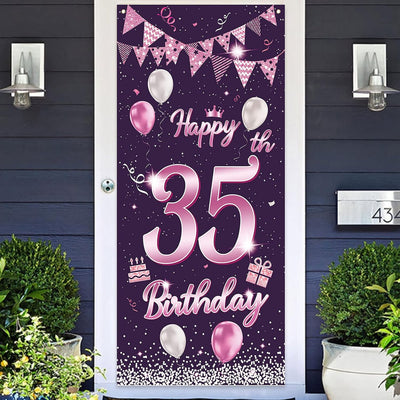 Cartel feliz cumpleaños 35 años globos confeti decoración puerta