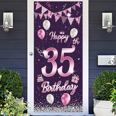 Cartel feliz cumpleaños 35 años globos confeti decoración puerta