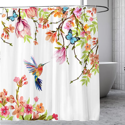 Cortina ducha con flores colibrí tela poliéster impermeable