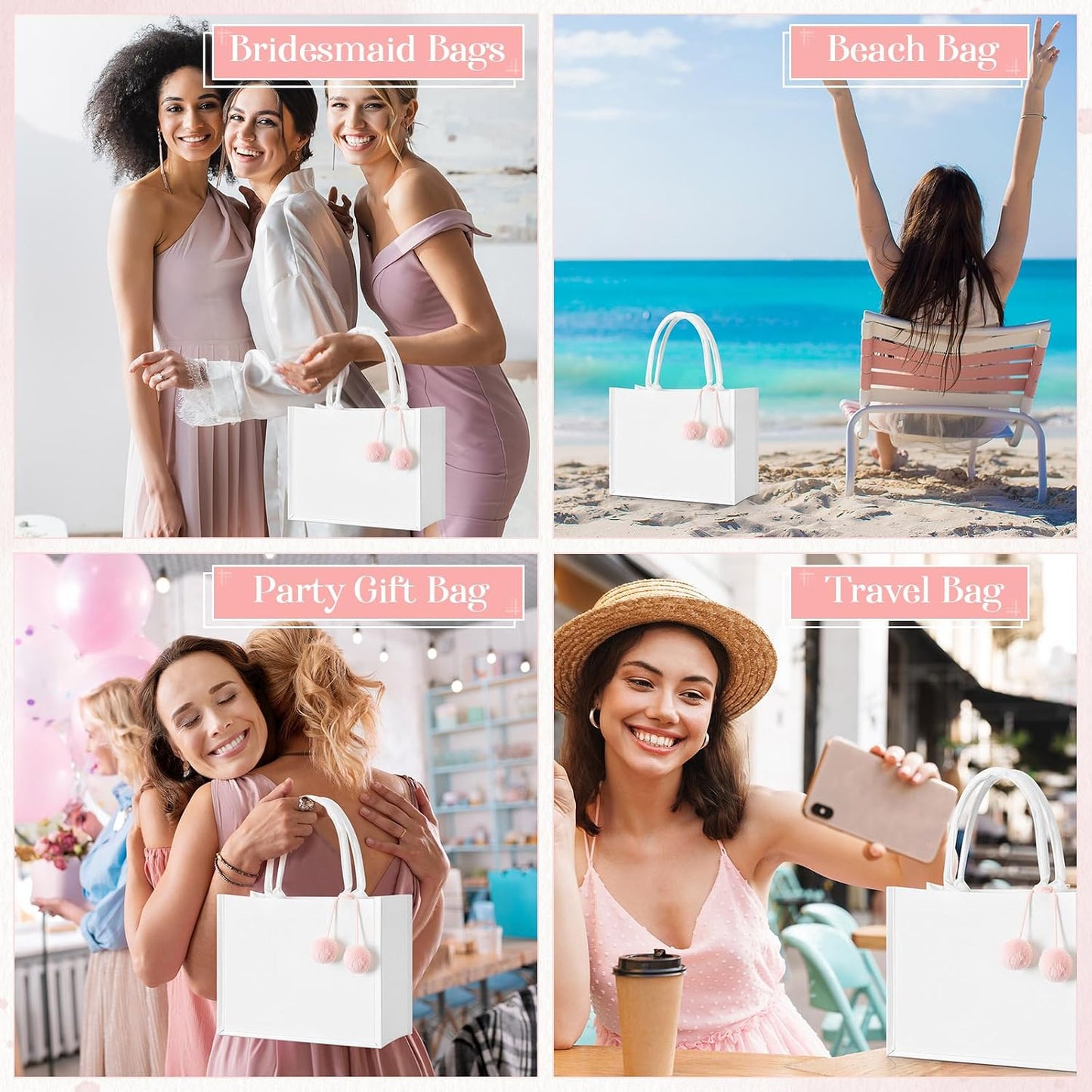 6 Pzas Bolsas Lona Personalizadas con Pompones Blanco