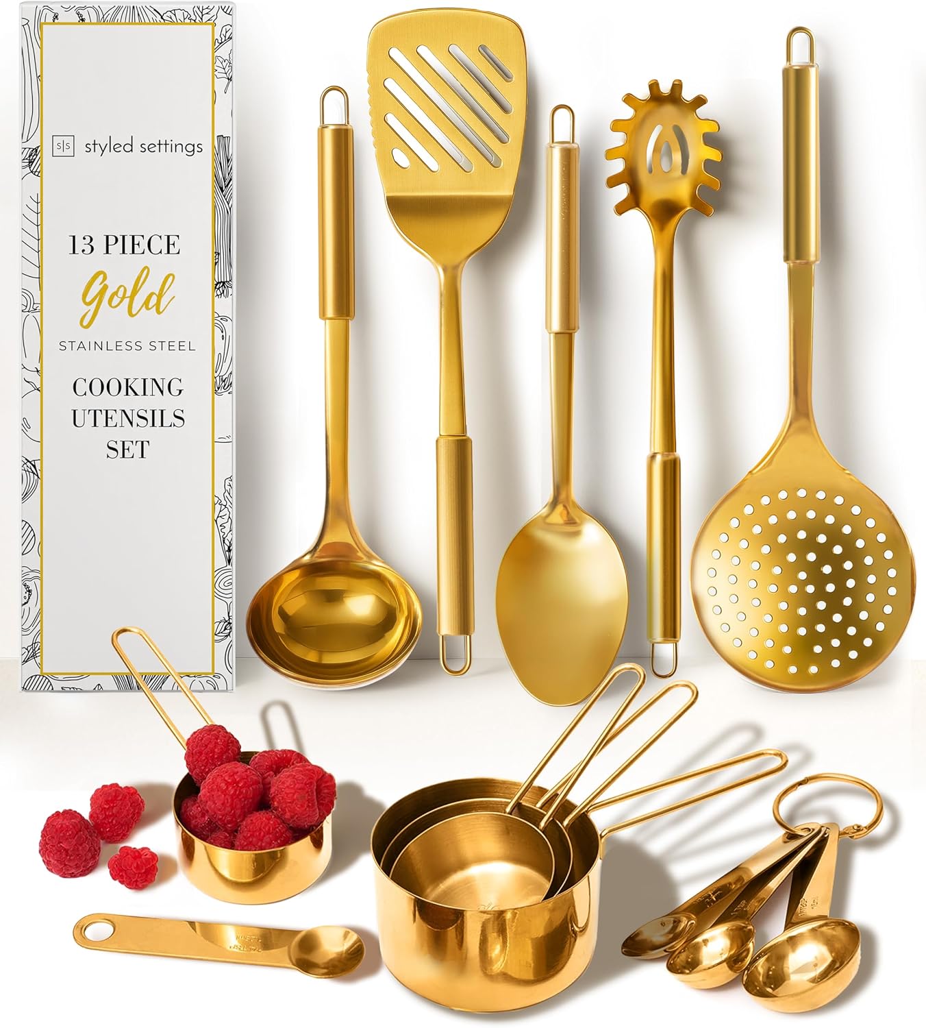 Juego utensilios cocina dorados 13 pzas tazas medidoras cucharas