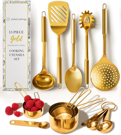Juego utensilios cocina dorados 13 pzas tazas medidoras cucharas