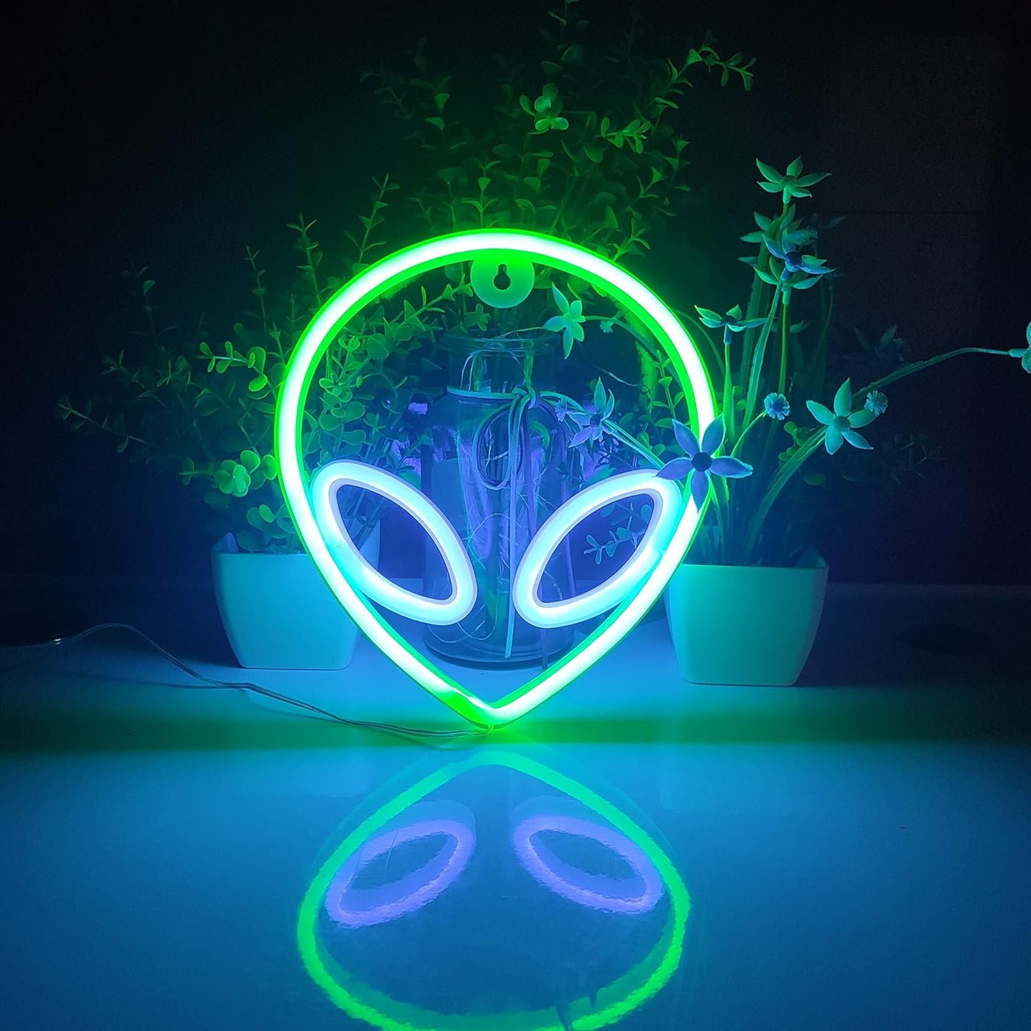 Luz neón alienígena USB o 3-AA LED decoración pared verde azul