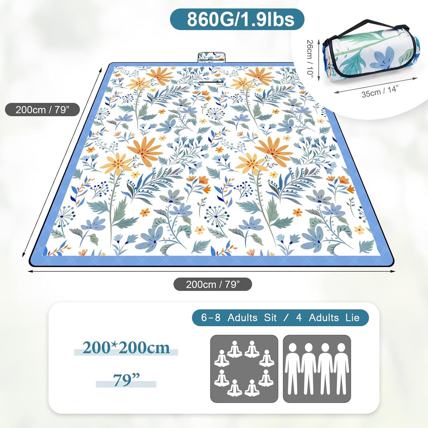 Manta picnic 79x79pulg impermeable arena blanca con flores