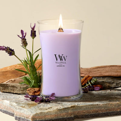 Vela spa lavanda reloj arena 21.5oz mecha crepitante