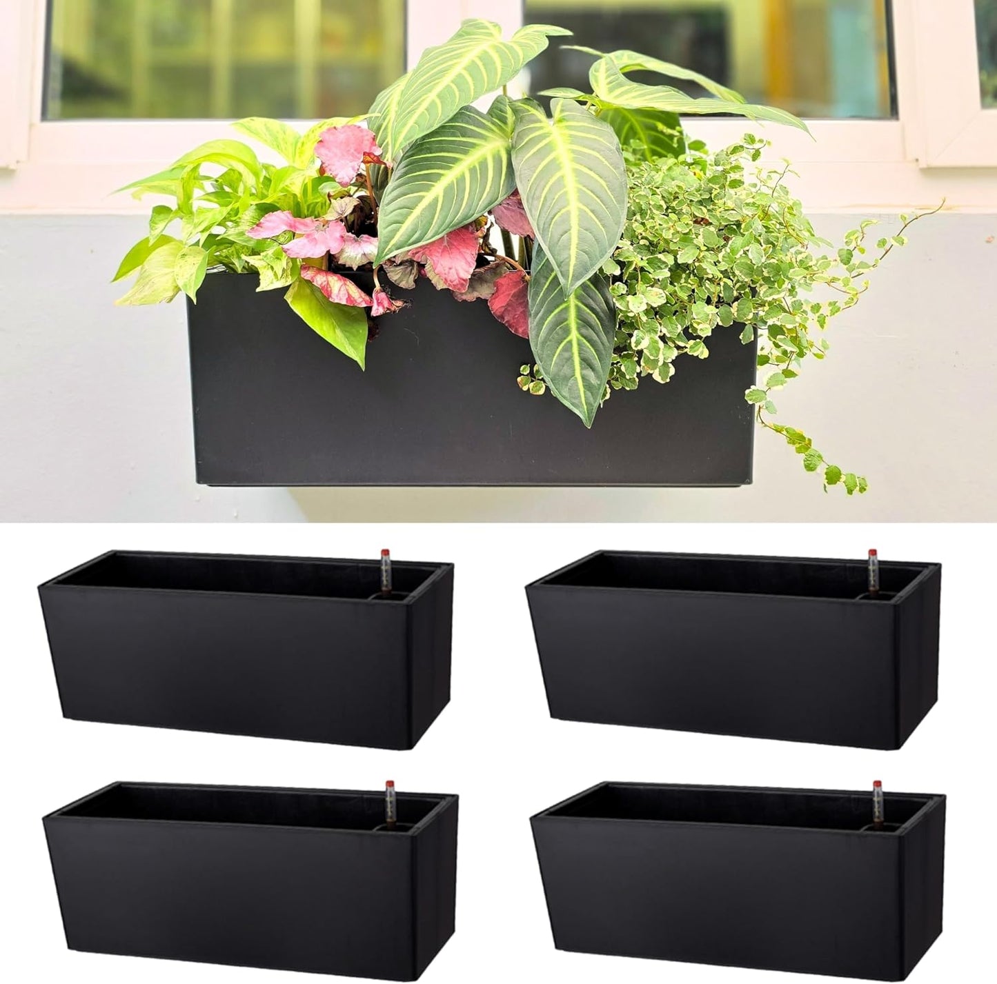 Macetas pared exterior 14pulg 4uds riego auto negro