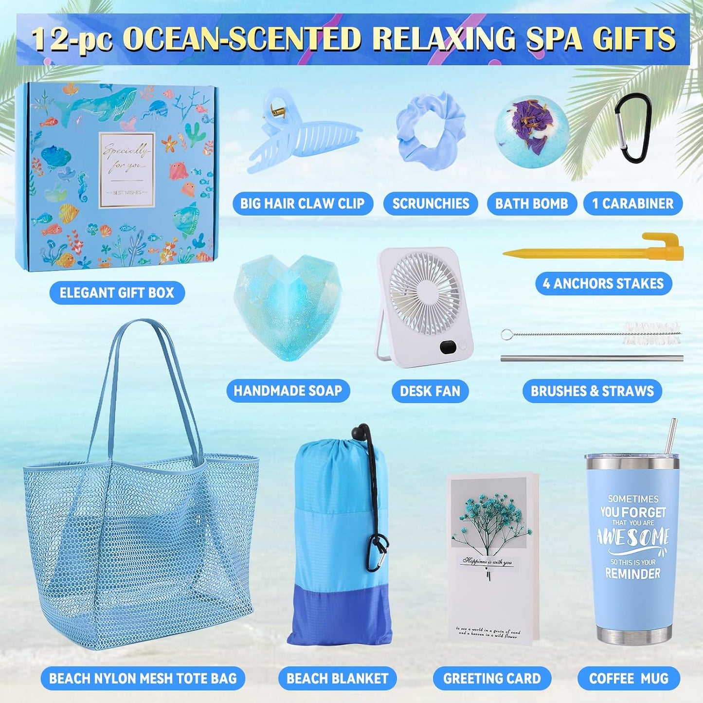 Cesta regalo playa mujer manta 79x83" impermeable 12 Pzas